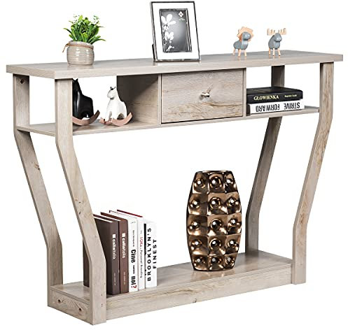 Giantex Table Console avec Tiroir et 3 Étagères, Table d'Entrée en MDF Anti-Bascule, Console avec Base Stable pour Salon, Chambre, Entrée, 120x30x81 CM (Gris)