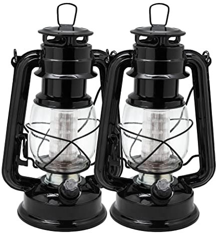 YAKii LED Vintage Lantern Metal Hanging Hurricane Lantern 12 LED Dimmer Switch Warm White Battery Operated Lantern Power Outage Indoor Camping Lighting Outdoor Lantern(Black 2 Pack)