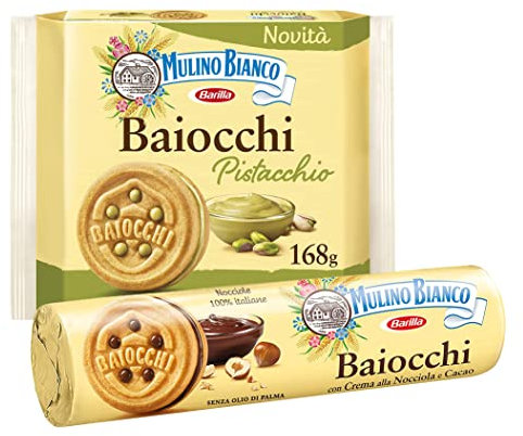 Mulino Bianco - Mix Baiocchi con Pack Biscotti al Cacao e Pack Biscotti al Pistacchio - 168 g