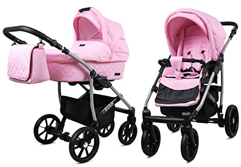 Babylux Qbaro Poussette Bébé 2en1 Profonde et Poussette Avec Accessoires Réglable et Pliable Construction en Aluminium Léger 2 Options de Montage Imperméable Sweet Pink