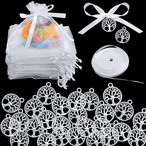 ZOCONE Lot de 50 sachets en organza blanc + 50 pendentifs arbre de vie + 1 rouleau de ruban, joli cadeau pour communion, anniversaire, mariage, communion, baptême, confirmation