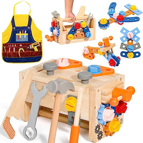 TONZE Wooden Toys Kids Tool Set with Apron Kids Toys Montessori Toys for 3 4 Year Old Boys Girls Role Play Educational Construction Toddler Tool Bench Box Boys Girls Toys Age 3 4