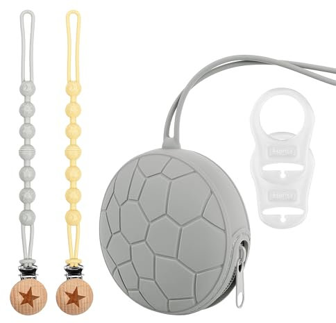 Babywnoss - 2 schnullerketten aus Silikon - 1 schnullerbox - 2 Adapter aus Silikon (Grau, Ohne Geschenkbeutel)