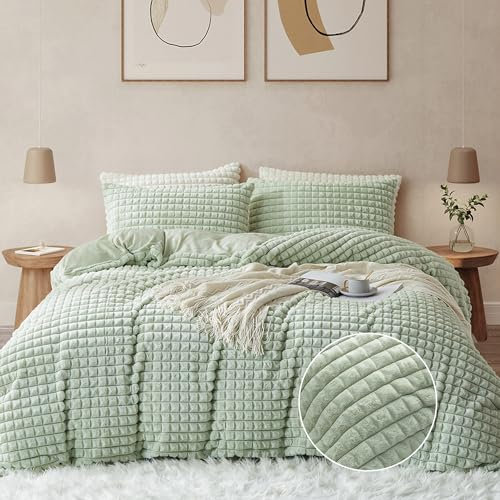 Nyescasa Plüsch Bettwäsche 135x200 Grün Warme Winter Flauschig Flanell Biber Wendebettwäsche Langhaar Kunstfell Deckenbezug Fleece Cashmere Touch Bettbezug mit Reißverschluss und Kissenbezug 80x80cm