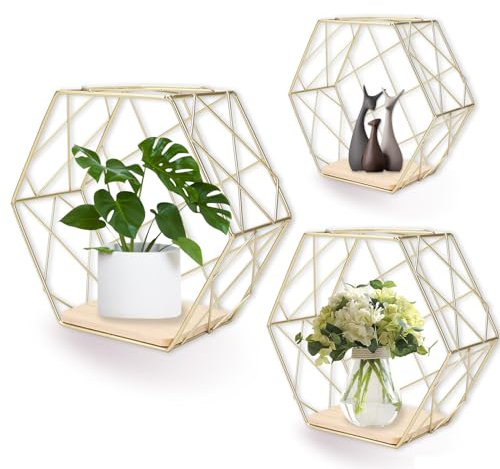 Hexagon Wandregal Ablage aus Holz Metall, 3 Größen Hängeregal Schweberegal Gitterregal Wanddeko Dekorative Regale für Wohnzimmer Schlafzimmer Küche (Gold 3)
