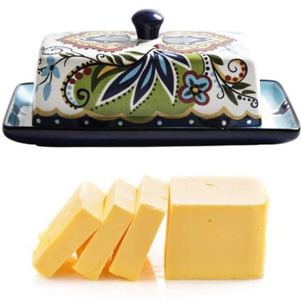 Ceramic Butter Dish with Lid Bohemia Hand Drawn Butter Plate Tray with Cover for Cheese Vintage Cheese Container Holder European-Style Butter Keeper for Home Kitchen 20 x 11.5 x 8cm (1)