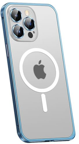 Soyeacrg Hülle für iPhone 15 Pro Max/15 Pro/15 Plus/15, [Kompatibel mit Mag Safe] Lock Type Design Aluminium Bumper Ultra Slim Frosted Translucent Case mit Kameralinsenschutz,Blue,15