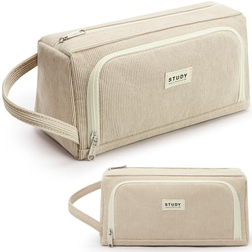 KALIDI Large Pencil Case for Girls and Boys - Cute Corduroy Khaki Case with Zipper & Compartments