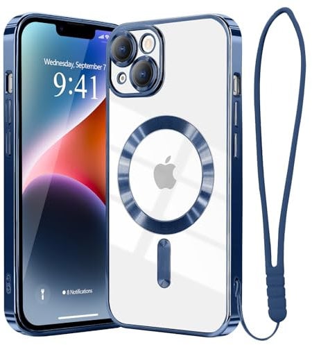 Ethanger for iPhone 14 Case Compatible with MagSafe Luxury Plating Bling Shockproof Bumper with Camera Lens Protector Magnetic Women Girly Phone Case for iPhone 14, Dark Blue