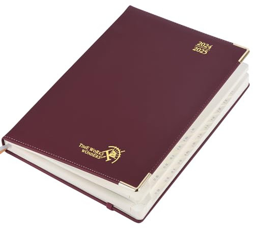 POPRUN Premium Kalender 2025 Wochenplaner (Aug.2024-Dez.2025), ca. A4 (26,5 x 21,5 cm), 17-Monate-Terminplaner, Buchkalender 2025 Hardcover mit Vergoldete Schutzecken, 100 GSM Papier - Weinrot