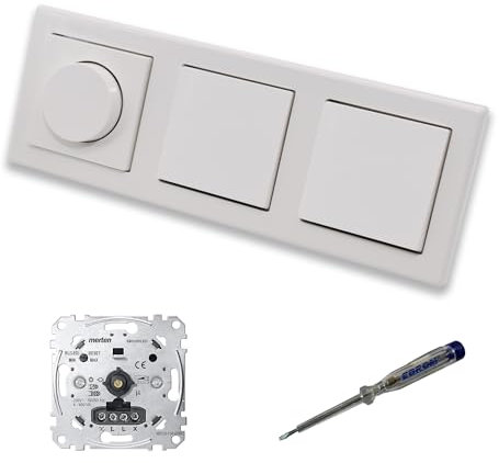 EBROM SET IDEE: Merten MEG5134-0000 LED Drehdimmer Dimmer + Dimmerscheibe und 2 x Lichttaster MEG3150-0000 in polarweiß glänzend System M Smart inkl. EBROM Phasenprüfer zur Montage der Geräte