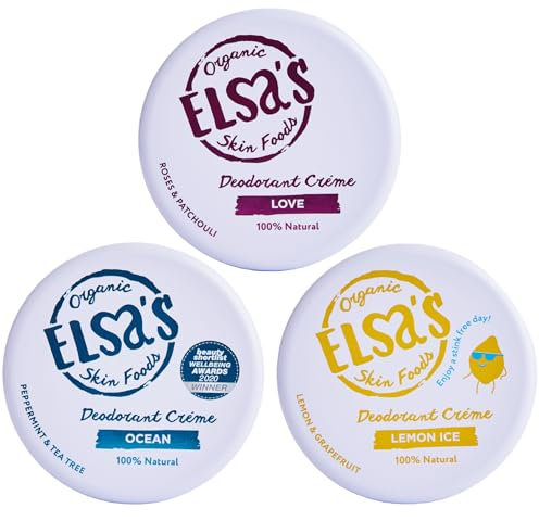 Elsa's Organic Skin Foods Natürliche Deo-Cremes, 3er-Pack, Ozean, Liebe, Zitroneneis, aluminiumfrei, ohne Natriumbicarbonat, plastikfrei