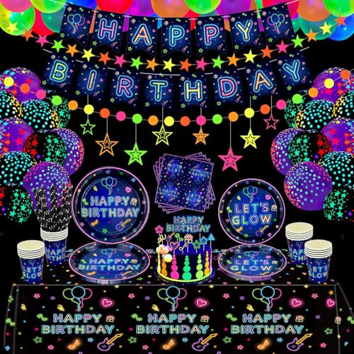 180 Stück Glow Party Supplies Neon Partygeschirr Set Neon Ballon Glow in the Dark Happy Birthday Plates Banner Hanging Stars Cake Topper Servietten Tassen für Schwarzlicht Party Dekorationen