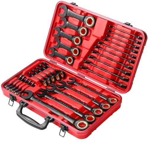 STARWORK TRUE MECHANIC™ 30-Piece, 120T SAE&Metric Ratcheting Wrench Set, Gift Series with Red case, Professional