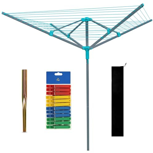 Crystals 4 Arm 50M Cloth Airer Heavy Duty Rotary Washing Line Clothes Airer Outdoor Garden Dryer With Free Ground Spike + Cover, Grey