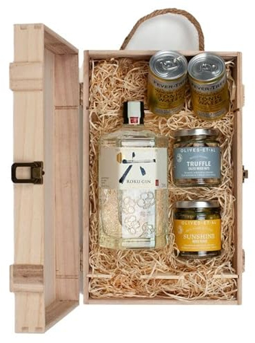 Roku Suntory Japanese Craft Gin 70cl Gift Set - Includes Luxury Nibbles in a Wooden Gift Box Set, Gifts for Gin Lovers, Gin Gift Set, Gin Hamper, Gifts for her