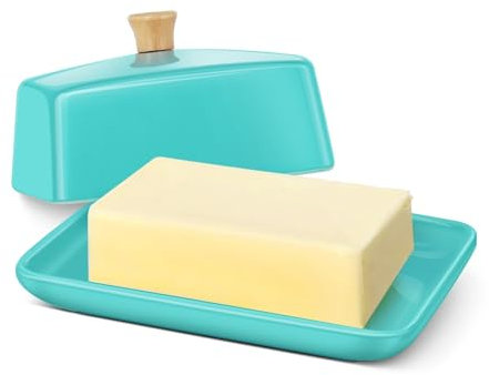 Flexzion Ceramic Blue European Butter Dish with Lid for Countertop (8 Inch) - Wide 2 Stick Double Butter Holder for Counter, Cream Cheese Container Storage Keeper