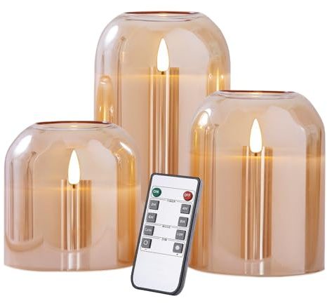 volnyus Gold Glass Flameless Candles with Remote Battery Operated Flickering LED Pillar Candles Real Wax Wick Φ 4 H 4 5 6