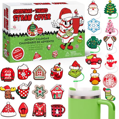 Calendrier de l'Avent 2024 – Calendrier de compte à rebours de Noël 24 jours de surprises avec décorations en paille de 10 mm – Cadeaux amusants pour tasse de 880,5 g et 1234 g – Pour enfants,
