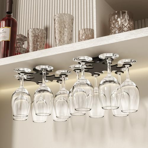 Vaisoeny Porta calici sottopensile, portabicchieri da vino con rotazione infinita a 360°, portabicchieri da vino senza fori, facile da installare, per cucine e bar (nero - confezione da 2)