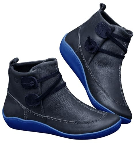 Stivaletti da donna vintage con supporto per l'arco del piede – Scarpe alla caviglia in pelle PU, stivali con lacci piatti, antiscivolo, tacco basso, stivali invernali comodi e morbidi, Blu 29, 35