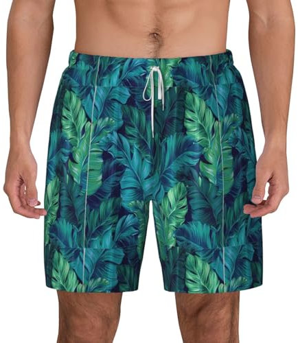 WURTON Costume da bagno da uomo con stampa di foglie di palma tropicale, ad asciugatura rapida, pantaloncini da spiaggia anti-sfregamento, fodera a compressione, bianco, X-Large