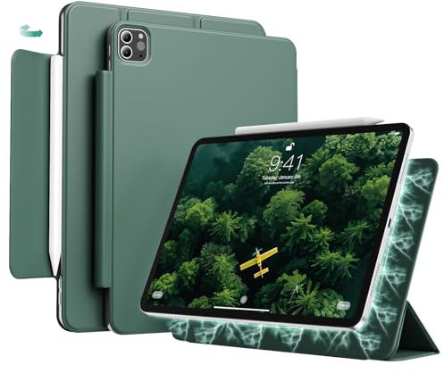 KVTVOU Custodia per iPad Pro 11 pollici 2022/2021/2020 4°/3°/2° Gen, forte fissaggio magnetico, supporto ricarica matita, sottile tripla custodia pieghevole per iPad Pro 11, verde notte