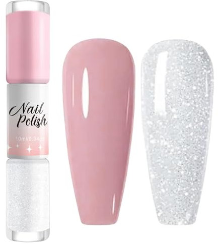 Pink Nail Polish Fine Flash White Nail Varnish Double-Head Nail Varnish, Long-lasting Quick Dry Nail Polish, Water Based No UV Nail Polish for Home DIY Nail Art (Light Pink+Fine Flash White, 10ML)