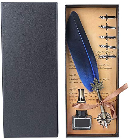 BONKZEBU Vintage Plume Fountain Writing Pen Calligraphy Ink Quill Dip Pen with Metal Holder and Gift Box Elegant Antique Stainless Steel Nib for Drawing and Handwriting (Blue)