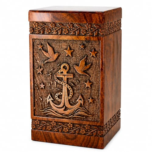 Geschnitztes Holz mit Anker-DesignTier-Design, handgefertigte Holz-Aschenbox für Erwachsene, männliche weibliche Urne, menschliche Asche, Halter Box für Wohnzimmer-Dekor (27,9 x 15,2 x 15,2 cm)