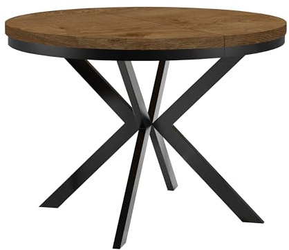 Dekori Möbel Runder Ausziehbarer Tisch für Esszimmer ENDO mit Ring-Gestell und Metallbeinen, Durchmesser Varianten von : 90 bis 220 cm (Eiche Lefkas/Schwarz, 90/190 cm)
