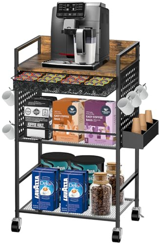 Kompakter Kaffeebarschrank mit Steckdose, feststellbaren Rädern und Aufbewahrungsschublade – Rustikales Braun & Schwarz für Büro, Wohnzimmer oder kleine Räume