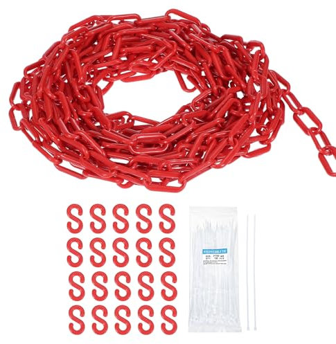 sourcing map Plastic Chain 100 FT/30.5 M, Safety Chain Red Plastic Chain Link Barrier with Zip Ties and S-Hooks for Crowd Control Queue Line Fence Decoration