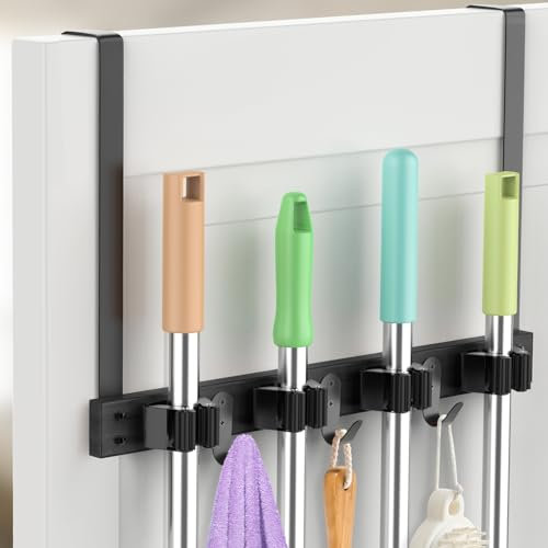 Broom Holder Over The Door - Wood Mop and Broom Holder Wall Mounted or Hanging Over The Door with Hooks - Broom Hanger, Broom Storage Tool Organizer with 4 Racks and 3 Hooks for Closet Laundry - Black
