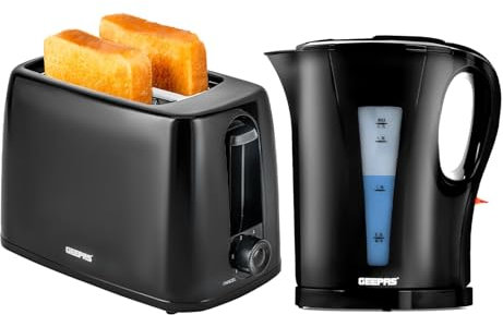 Geepas Electric Kettle & 2 Slice Bread Toaster Kitchen Combo Set | 2200W 1.7L Cordless Jug Kettle Boil Dry Protection & Auto Shut Off | 650W 6 Level with Browning Control & Crumb Tray | Black