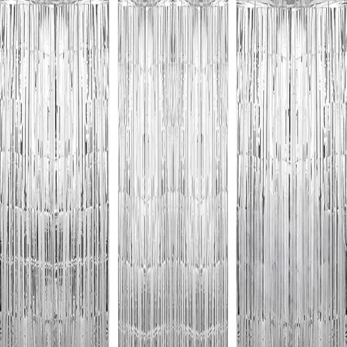 3 Stück Lametta Vorhang Silber, Glitzervorhang Lametta, Glitzer Tinsel Folie Fransen Dekoration für Party Deko, Geburtstagsfeier, Hochzeit, Festivals Bühnendekor, Disco Party, Baby Shower (1m x 3m)