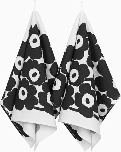 MARIMEKKO Unikko Küchentuch aus Bio-Baumwoll-Leinen, 2er-Set, verfeinern Sie Ihre Küchendekoration mit unseren Handtüchern mit Blumenmuster – stilvolle und funktionale schwarz-weiße Handtücher (je