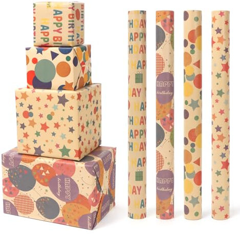 PARTY GO Geschenkpapier Geburtstag Braun, 4 Rollen 43x300cm Geschenkpapier Kinder Mädchen Junge, Natur Geburtstagspapier mit Braun and Bunte Gemischtes Muster, Birthday Gift Wrapping Paper