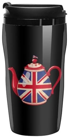 British Tea UK Teapot Union Jack Flag Coffee Mug Double Wall Travel Tumbler with Lid Tea Cup for Hot/Ice Drinks 250ml
