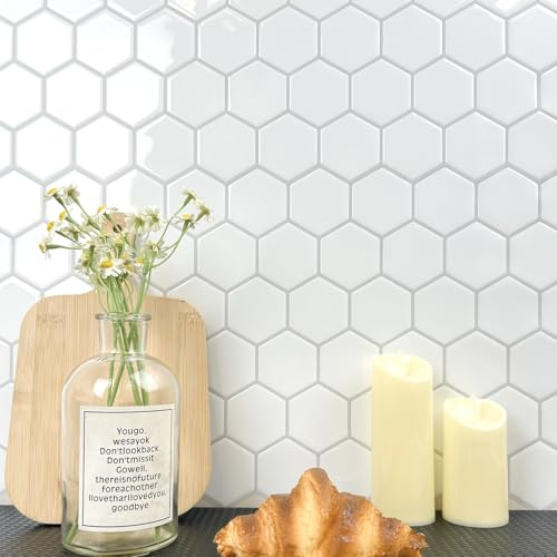 WoStick Peel and Stick on Tiles 10-Sheets, 3D Hexagon Self Adhesive Wall Tiles, Splashback for Home Kitchen Bathroom (12X12'')