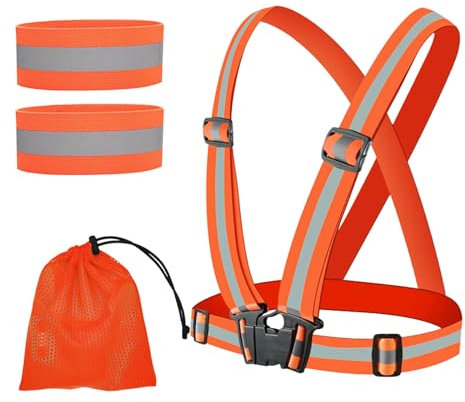 Flearitzo Gilet Catarifrangente Regolabile Riflettente e 2 Nastri Riflettenti Alta visibilità Regolabile Gilet di Sicurezza per corsa,ciclismo,escursionismo e motociclismo (Arancione)