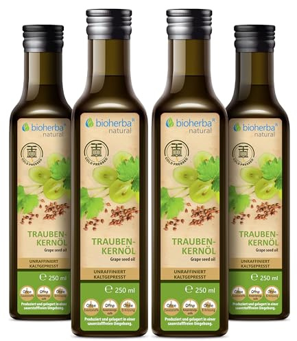 4 Stk. Traubenkernöl 250 ml – Kaltgepresstes natürliches Öl aus Traubenkernen | Vielseitig für Küche, Haut und Haarpflege | Reines Pflanzenöl von BIOHERBA