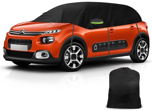 Halbe Autoabdeckung Kompatibel mit Citroen C3 2009-2025, Halbabdeckung wasserdichte Halbgarage mit Winddichtem Gurt Reflexstreifen für Schnee, Regen, Allwetterschutz