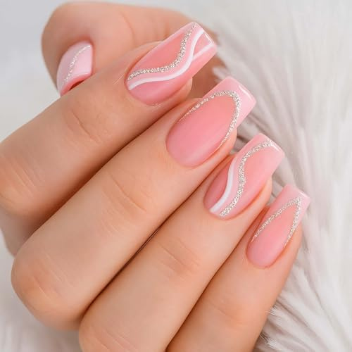 24PCS Pink White Stripes Short Square Glitter Silver Swirl Design Press On Nails with Accessory Tools – Pink French Tip, Full Cover Stick On False Nails for Women, Removable