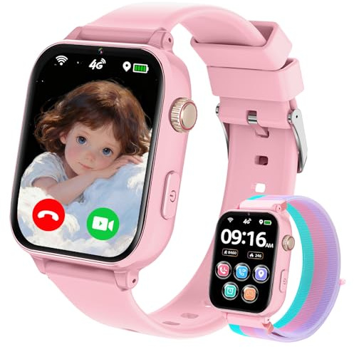 Smartwatch Kinder GPS und Telefon, 4G Uhr Smart Watch Kids mit Videoanruf, Anruffunktion, Voice Chat, WiFi SOS Spiel Wecker Schulmodus, Geschenk Kinderuhr für Kinder Jungen Mädchen 4-12 Jahren, Rosa