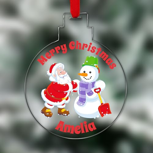 KreateSquare Personalised Christmas Tree Decorations Baubles with Cute Santa & Name | Xmas Tree Decoration Hanging Ornaments Personalised Bauble for Xmas Decorations
