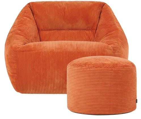 Icon Natalia Sitzsack Sessel mit Hocker für Erwachsene, Orange, Flauschiger Cord Stoff, Riesen Sitzsack Cord mit Füllung, Bean Bag Chair, Bequemer Sessel Wohnzimmer, Lounge, Schlafzimmer, Büro