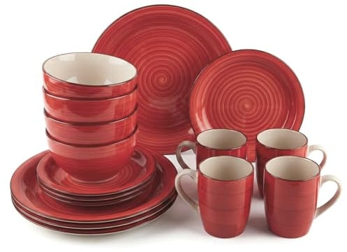 DIVCHI 16 Piece Dinnerware Set for 4 – Stoneware Kitchen Dinner Set with Plates, Bowls & Mugs | Dishwasher & Microwave Safe Tableware Crockery (Red)