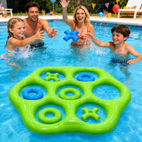 SilverChry Gioco Tris Gonfiabile da Piscina, Tris Gioco per Bambini Piscine, Grande Galleggiante con 7 Pedine, Giochi Piscina, d’Acqua per Bambini e Adulti, Bleu-Vert