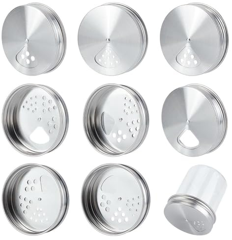 WEBEEDY 8 Pcs Mason Jar Lids Stainless Steel Adjustable Pour Spout Shaker Dispenser Shaker Top Seasoning Accessories with Shakers & Pour Options for Herbs Salt Pepper Home Kitchen, 70mm Inner Size